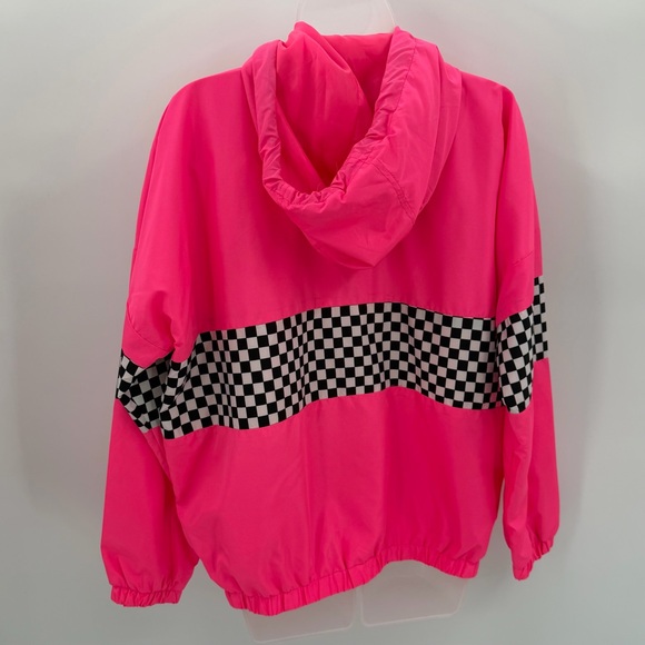Orange Kiss Windbreaker Womens M Hot Pink Pullover Retro Checkerboard Hoodie Top - Picture 4 of 10